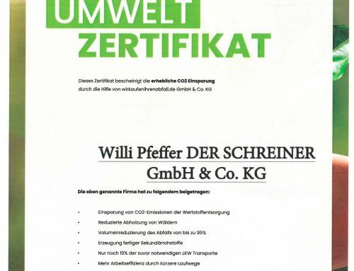 Umwelt Zertifikat für Willi Pfeffer DER SCHREINER GmbH & Co. KG